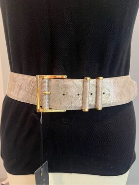 Carlisle Wide Metallic Beige Lizard Embossed Leather Belt with Gold Hardware-NWT